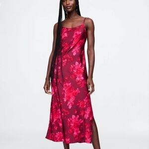GAP Floral Red Satin Maxi Slip Dress